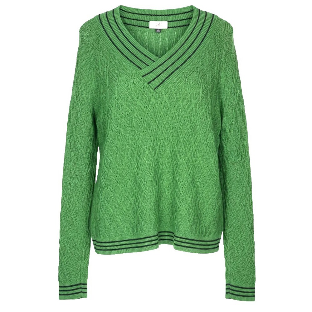 CABI Ace V-Neck Varsity Pullover green Long‎ Sleeves Sweater Size Small academia